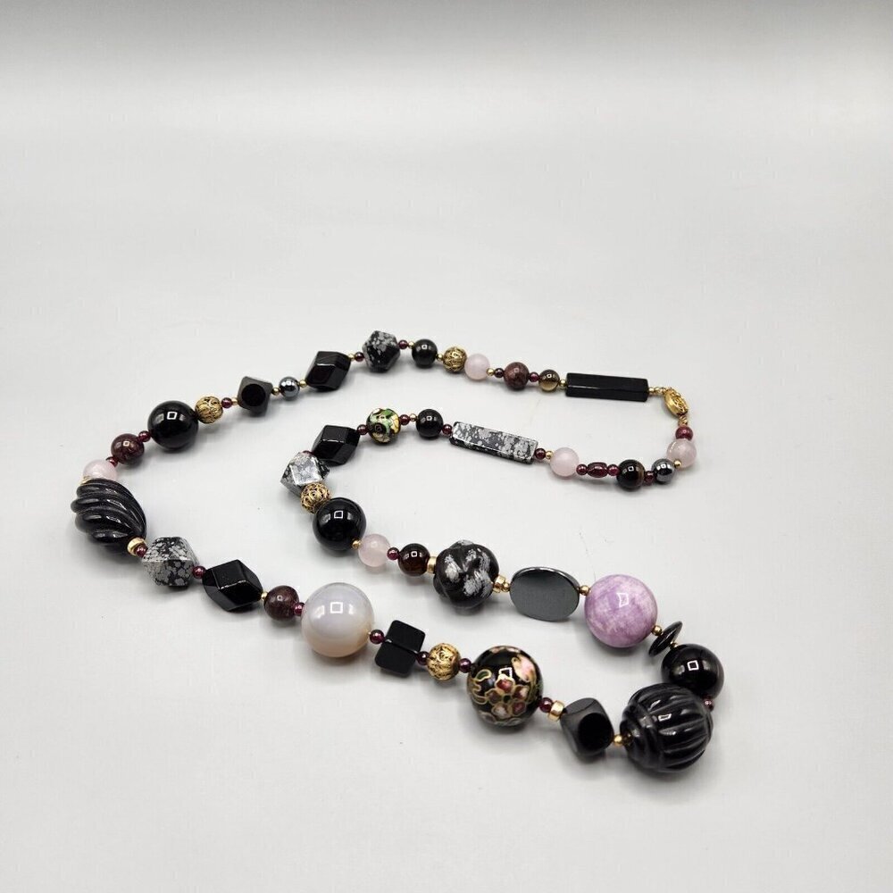 Stone Bead Necklace Rose Quartz Snowflake Obsidian Cloisonne Gradient 30"